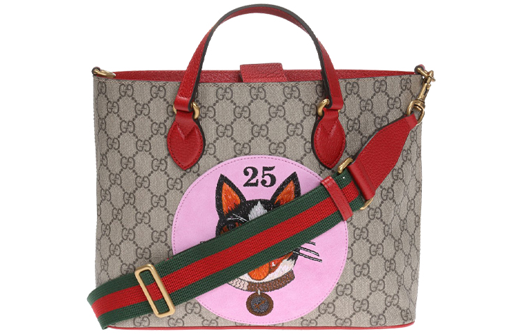 

Сумка-шоппер из холста с кожаными деталями, повседневная женская сумка через плечо или кроссбод, цвет эбони/розовый/красный GUCCI