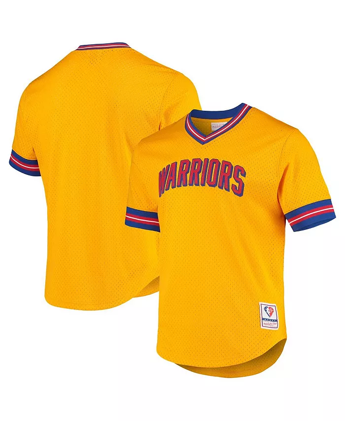 

Мужская золотая футболка San Francisco Warriors Hardwood Classics 75th Anniversary с V-образным вырезом и сетчатыми вставками Mitchell & Ness