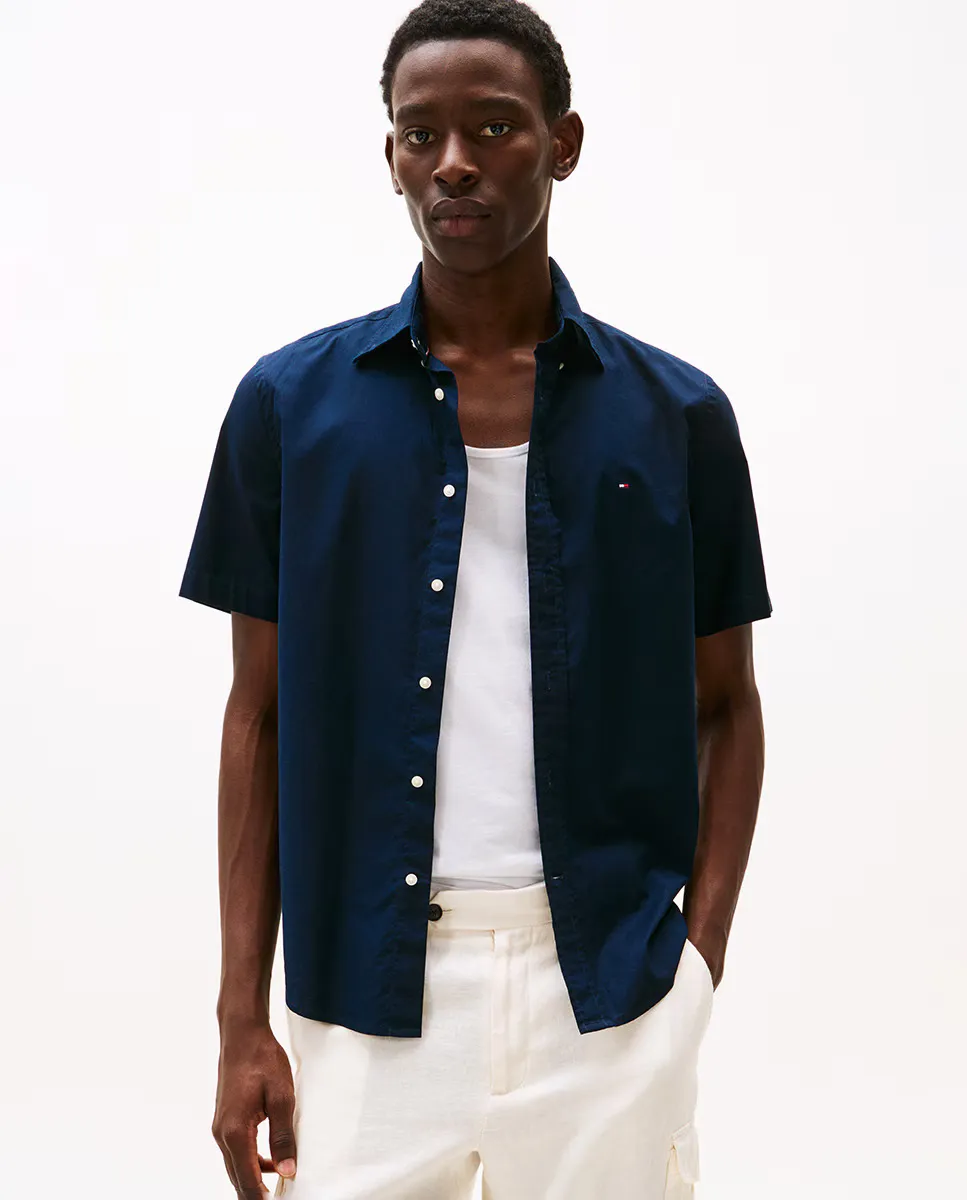 

Рубашка мужская однотонная с коротким рукавом из поплина Tommy Hilfiger, темно-синий