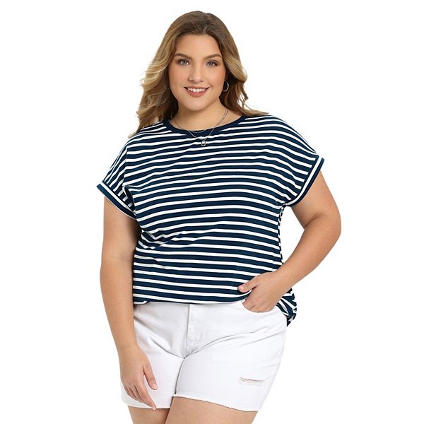 

Футболка с рукавом реглан и круглым вырезом для женщин plus size в полоску Grace & Grandeur, Navy Blue, Синий, Футболка с рукавом реглан и круглым вырезом для женщин plus size в полоску Grace & Grandeur, Navy Blue