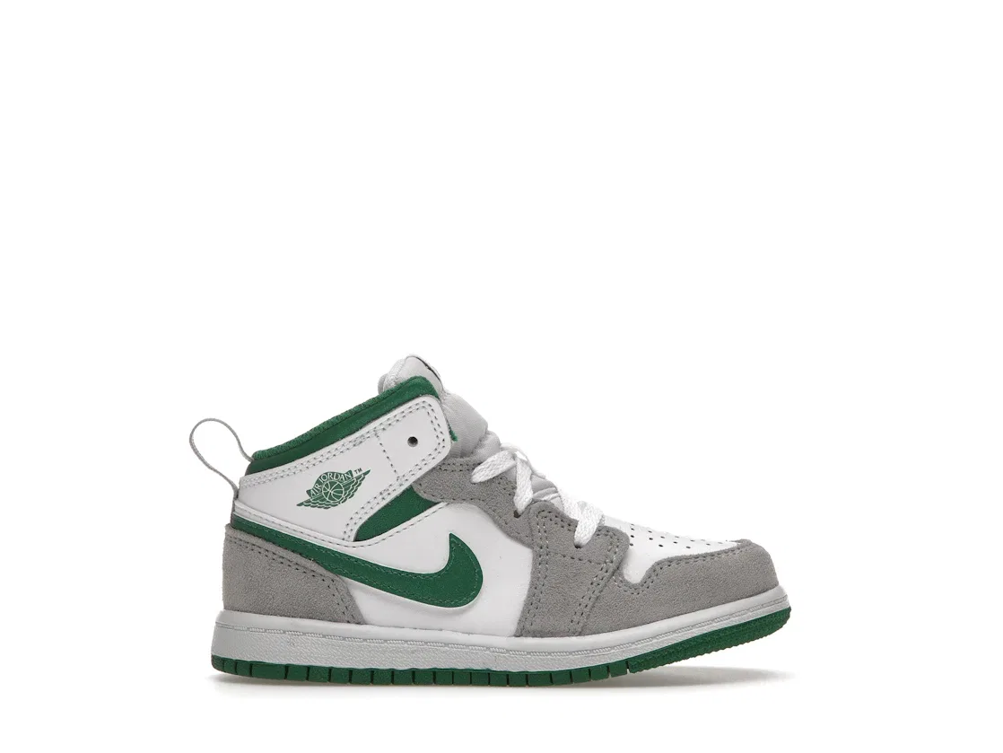 Детские Кроссовки с принтом Jordan 1 Mid SE Jordan, White/Pine Green/Light Smoke Grey