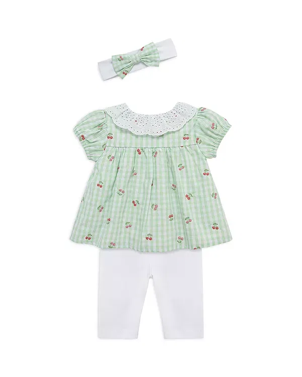 Детский комплект для девочек хлопковый с принтом Cherry Check Tunic & Leggings Set Little Me, Light Green — фото 2