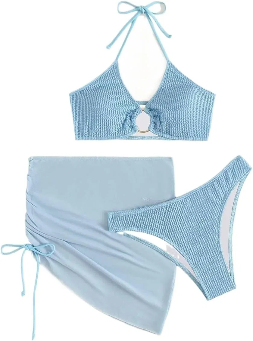 Женский бикини-комплект с завязками на шее и юбкой, Baby Blue