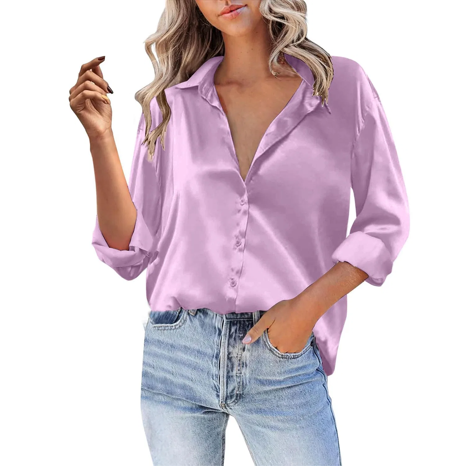 Женская блузка из атласа с длинным рукавом V-образным вырезом, Purple