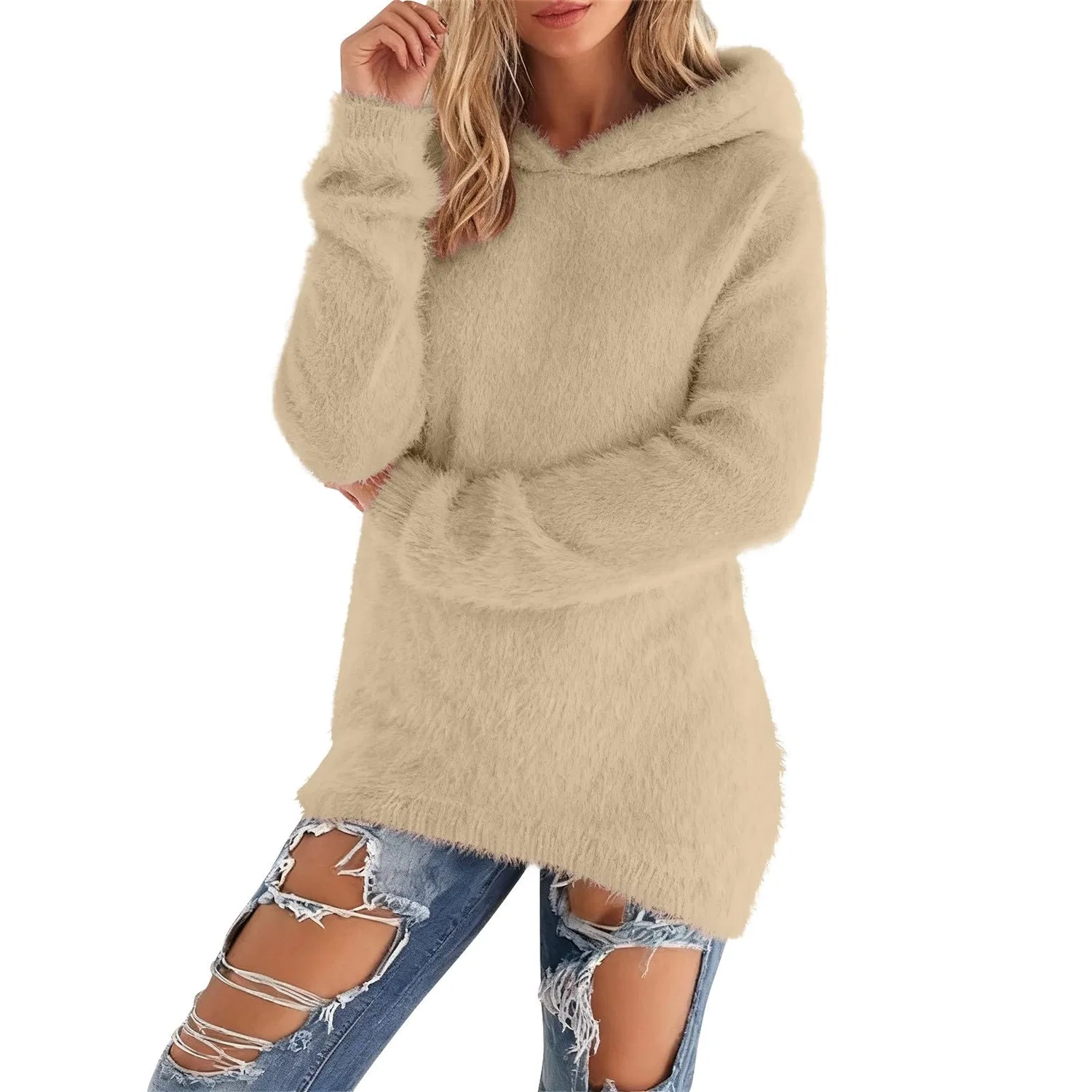Женский свитшот с капюшоном из флиса с длинным рукавом, Dark Khaki