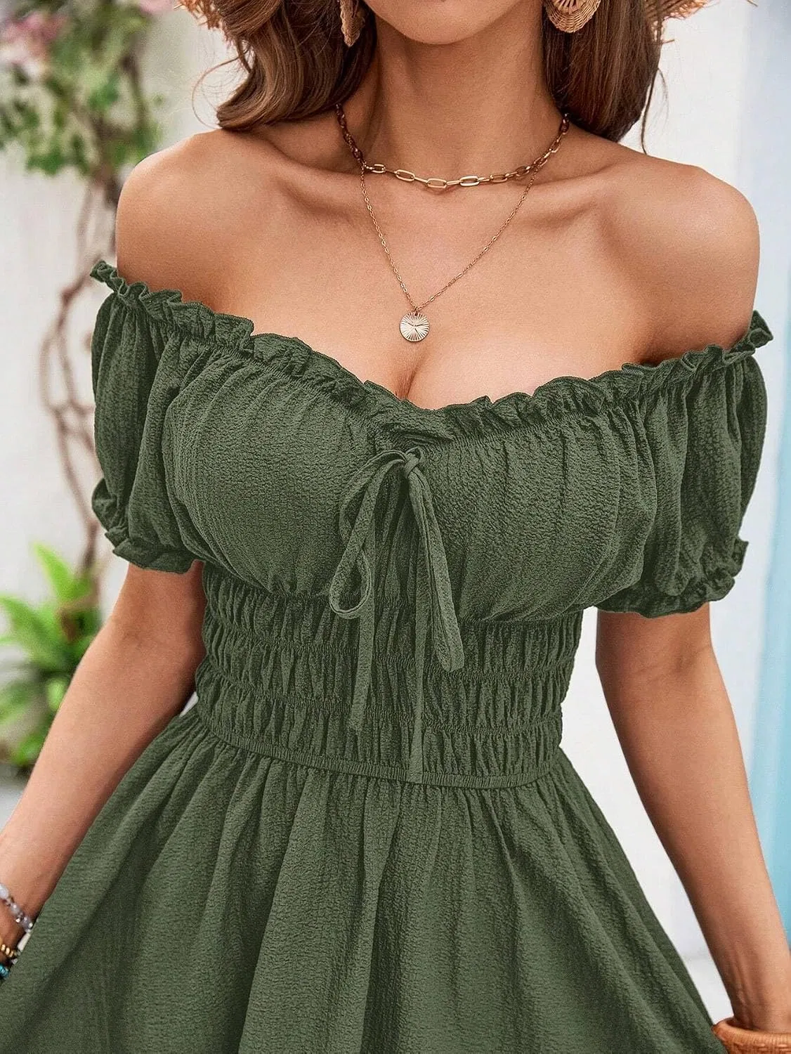Женское повседневное платье с воланами A-силуэта Off Shoulder, Army Green — фото 4
