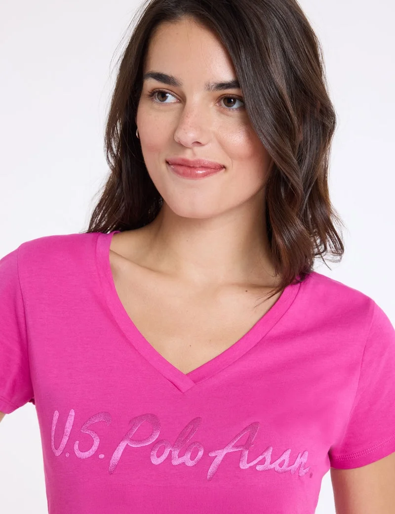 Женская футболка U.S. Polo Assn. Shiny Sateen Print V-Neck, розовый — фото 4