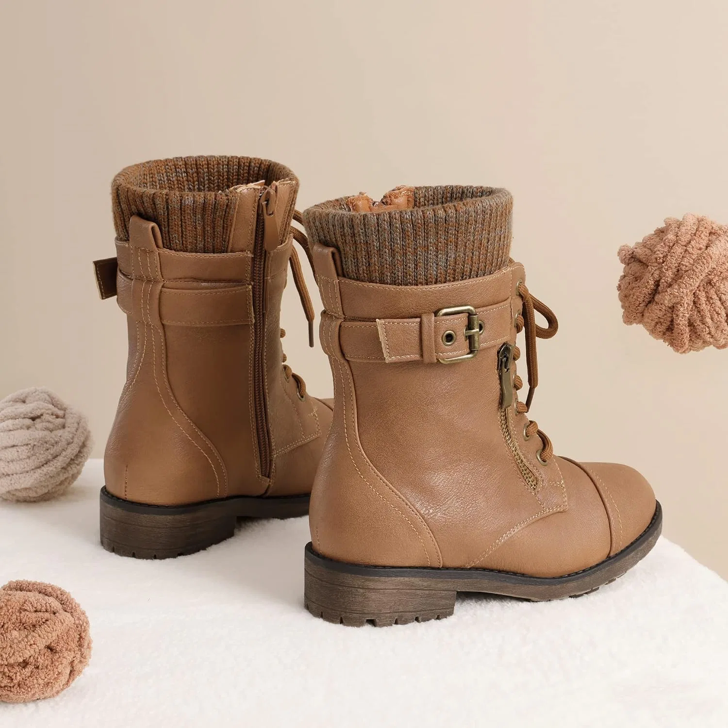 Детские ботинки для девочек с меховой подкладкой Combat Lace up DREAM PAIRS, Camel — фото 3