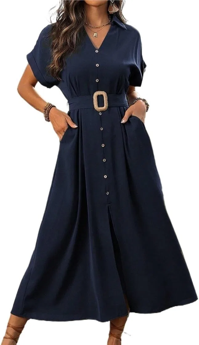 Женское платье-рубашка с поясом на пуговицах, Navy Blue