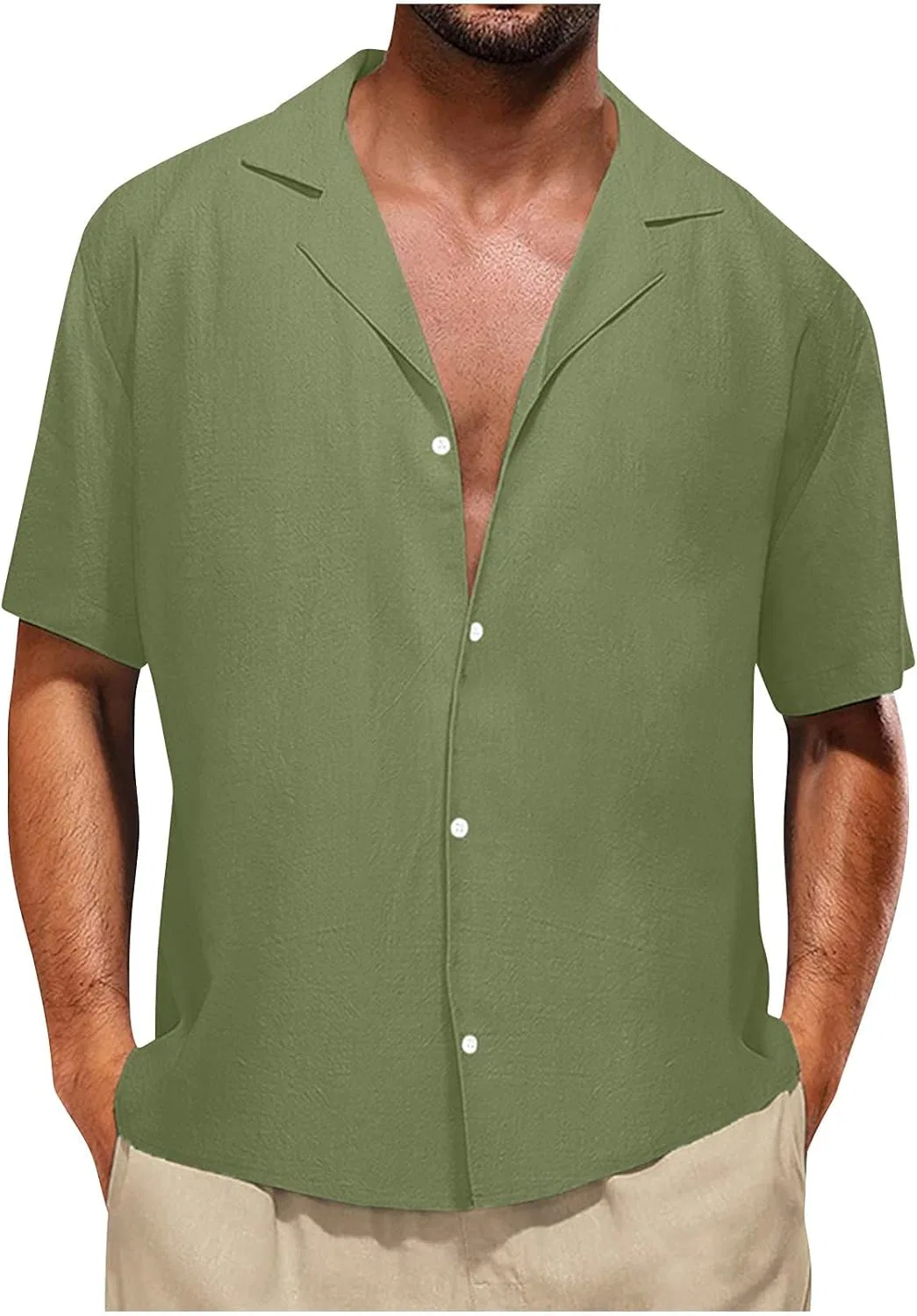 Мужская футболка с коротким рукавом из хлопка и льна, Army Green