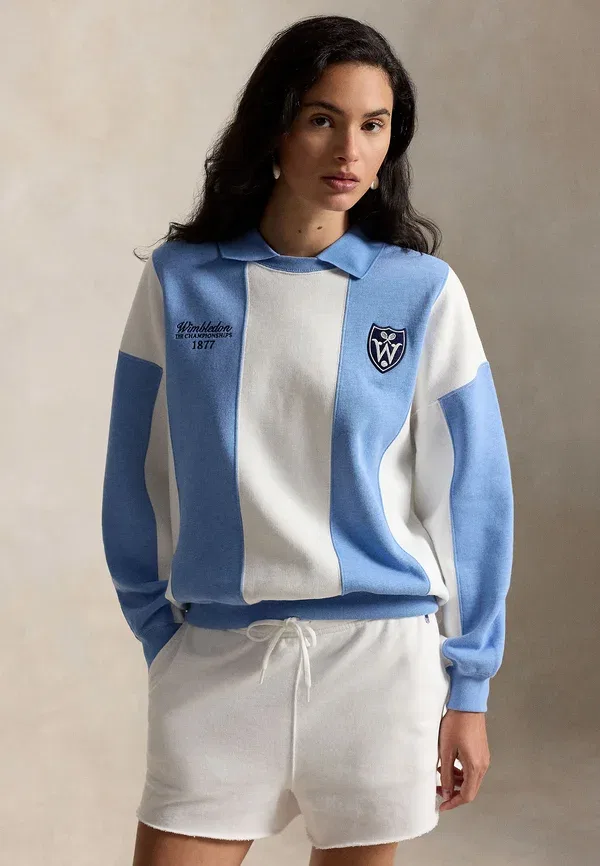 Свитер поло с полоской Wimbledon logo, Polo Ralph Lauren, Bristol Blue/Ceramic White, белый/синий — фото 3