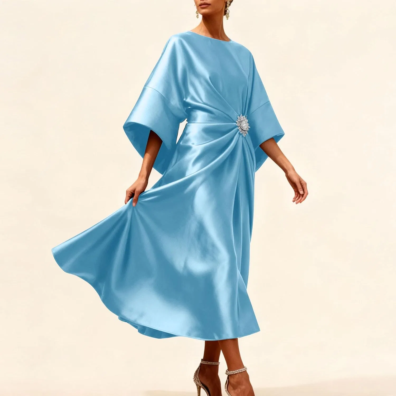 Женское длинное элегантное платье с жемчужными цветами Boat Neck Satin, Sky Blue — фото 2