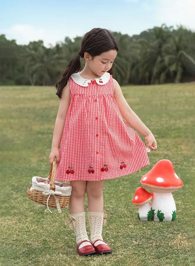Платье без рукавов с вышивкой Girls Gingham Yoehyaul, красный