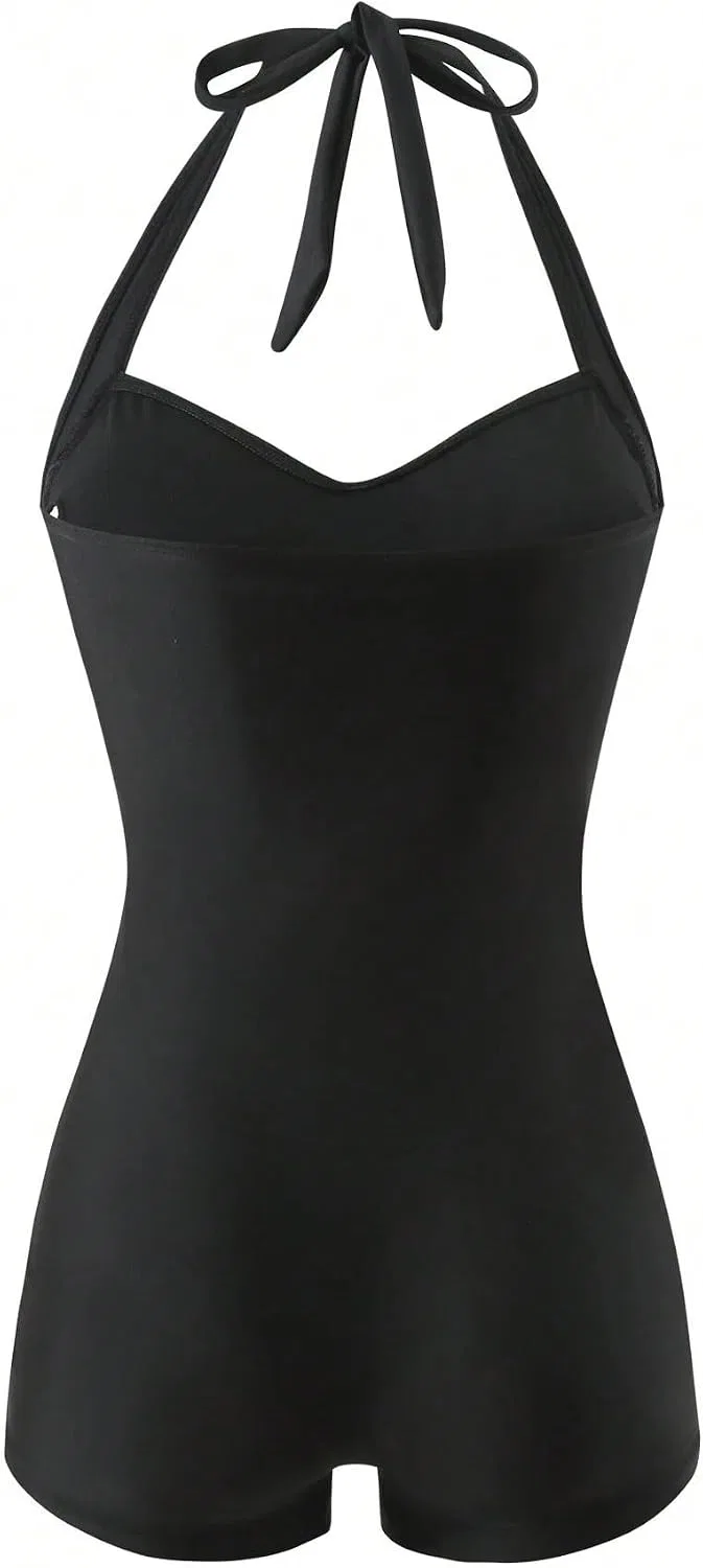 Женский цельнокроеный купальник с открытой спиной Halter, Black — фото 4