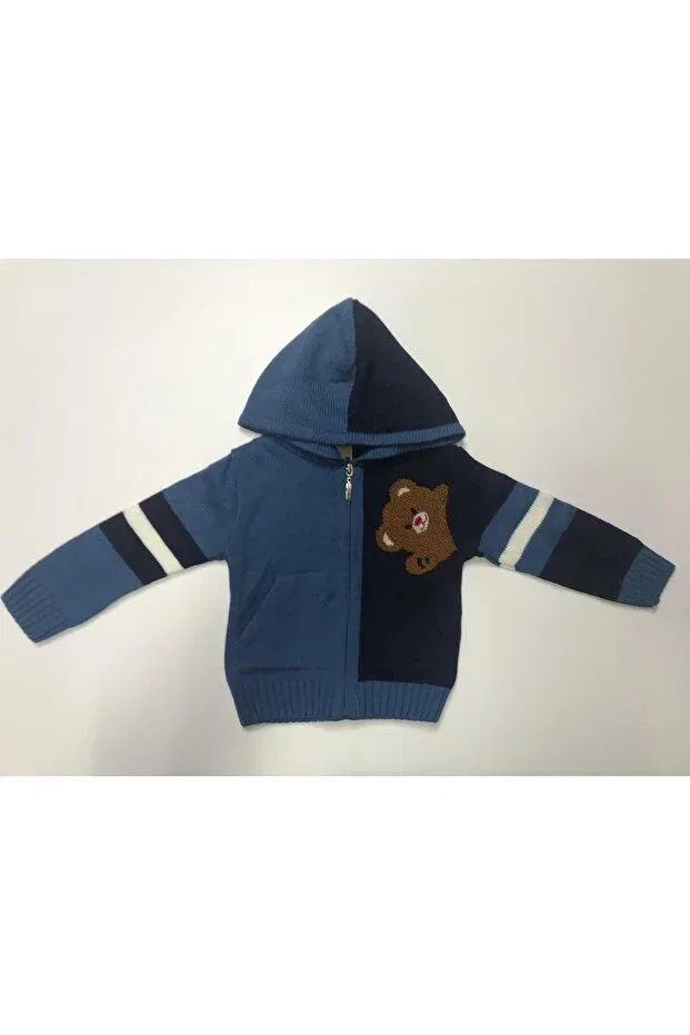 Детский кардиган для мальчиков с принтом Winter Knitwear Bear Patterned Hooded Zipper Pockets Boy Sweatshirt Cardigan Baby Slon Kids Clup, Blue-Blue