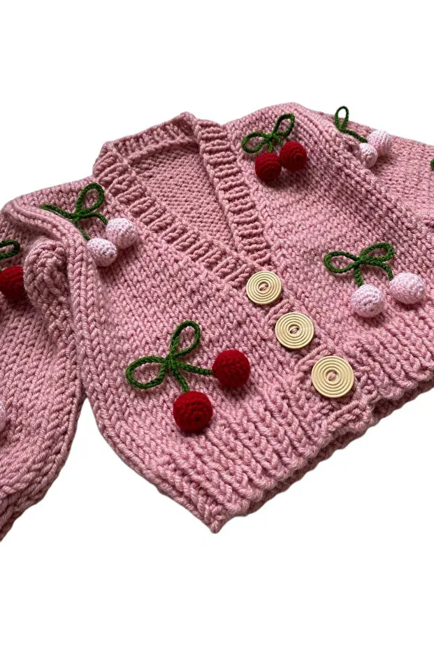 Детский кардиган для девочек с принтом Cherry Patterned Hand Knitted El Örgüsü, Pink