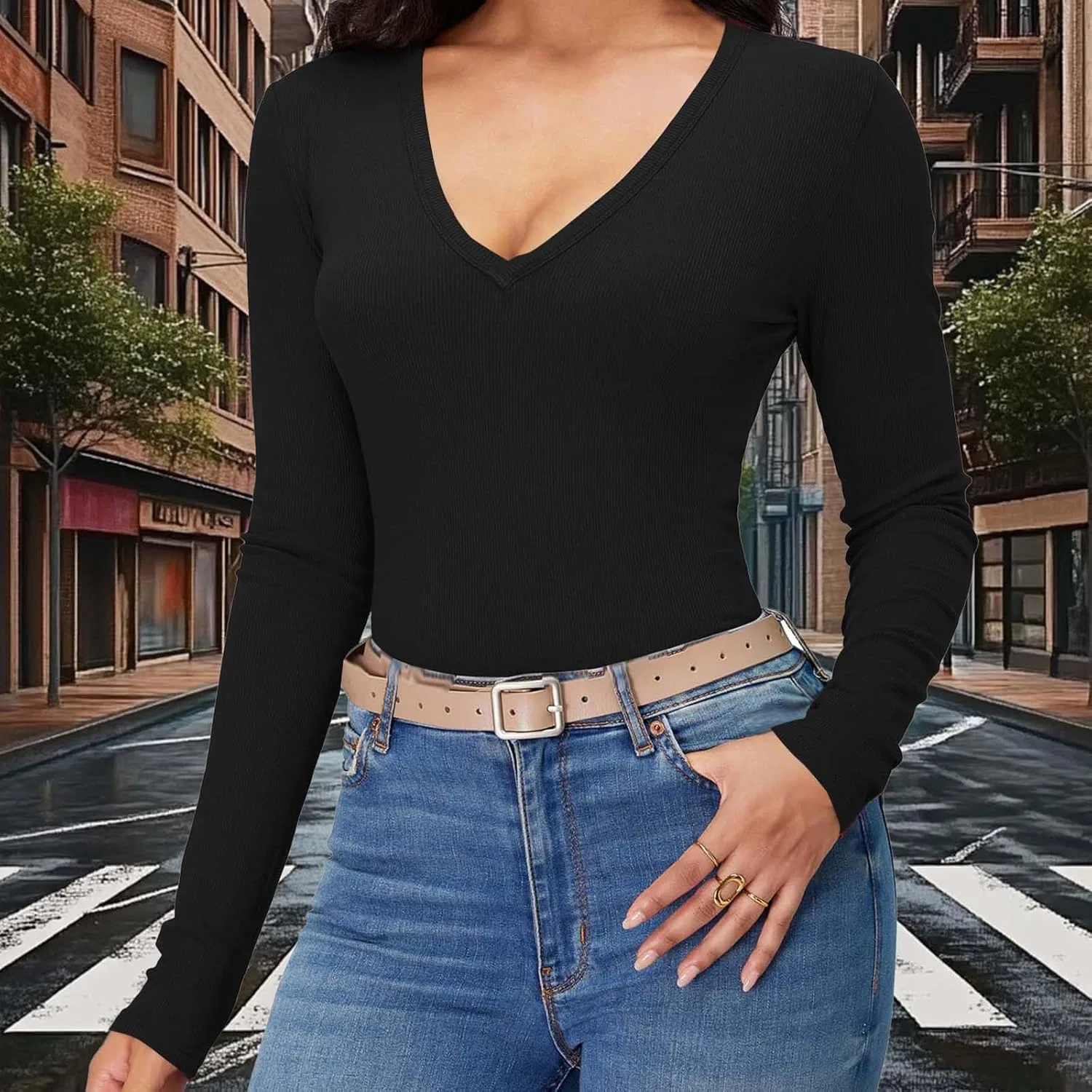 Женская термофутболка с V-образным вырезом Slim Fit, Black — фото 2