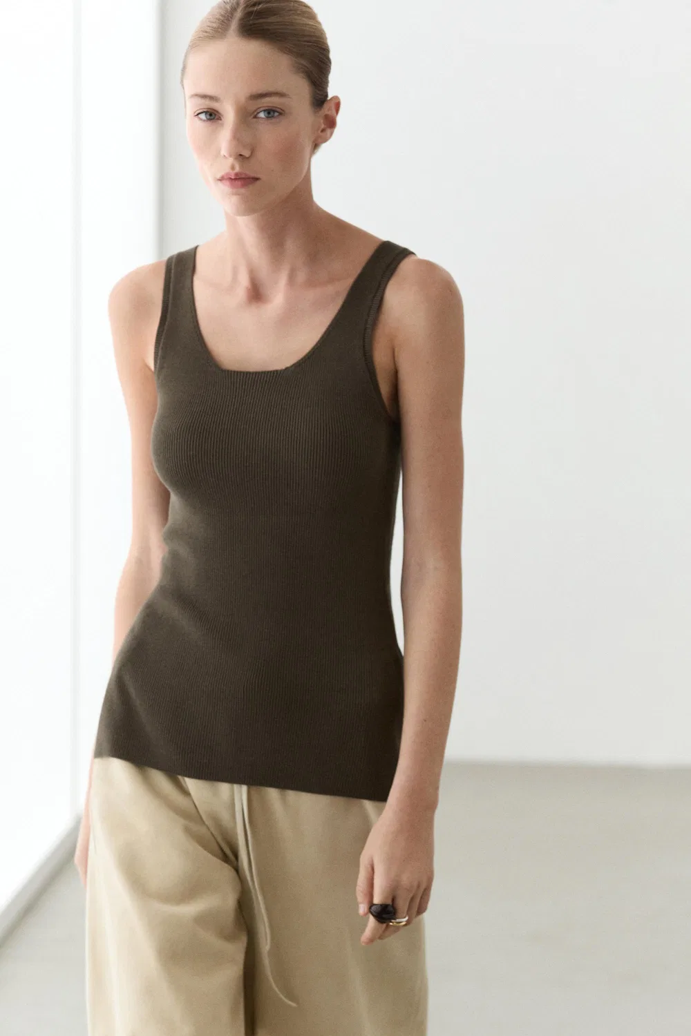Топ Massimo Dutti 100% Cotton Ribbed Tank, оливковый