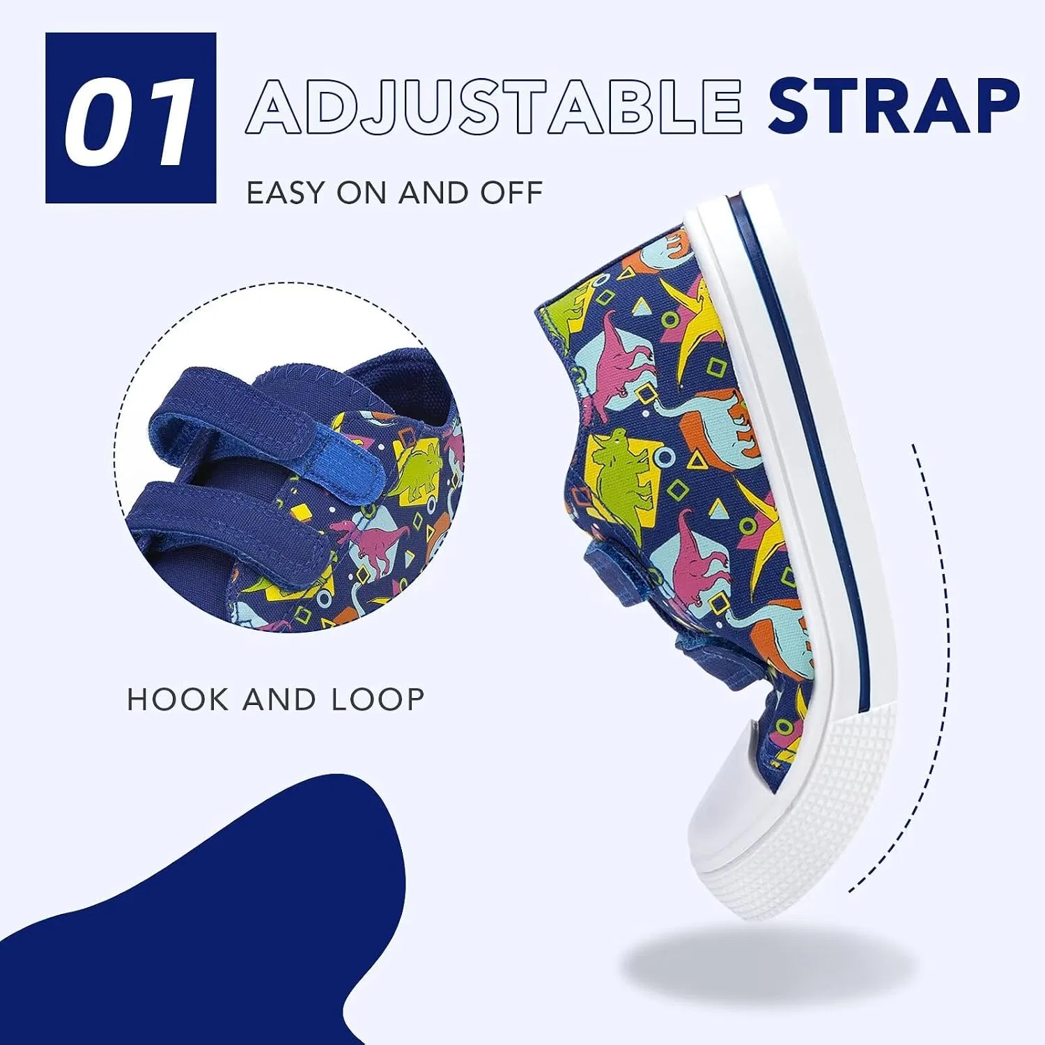Детские кеды из холста для девочек и мальчиков FUNCOO PLUS, Royal Blue Dinosaur — фото 3