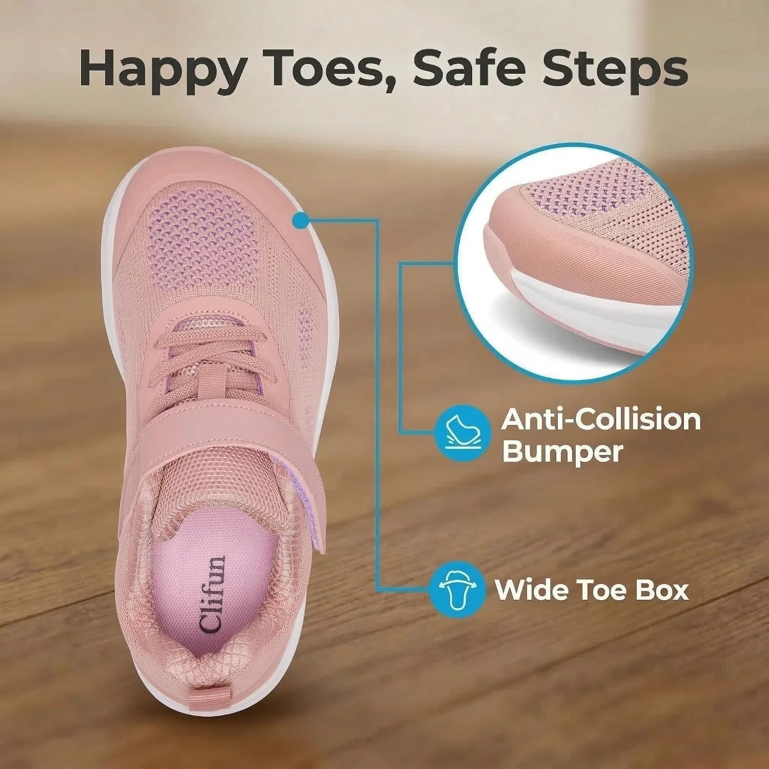 Детские кроссовки с широким носком для мальчиков и девочек Clifun, Mauve Pink — фото 3