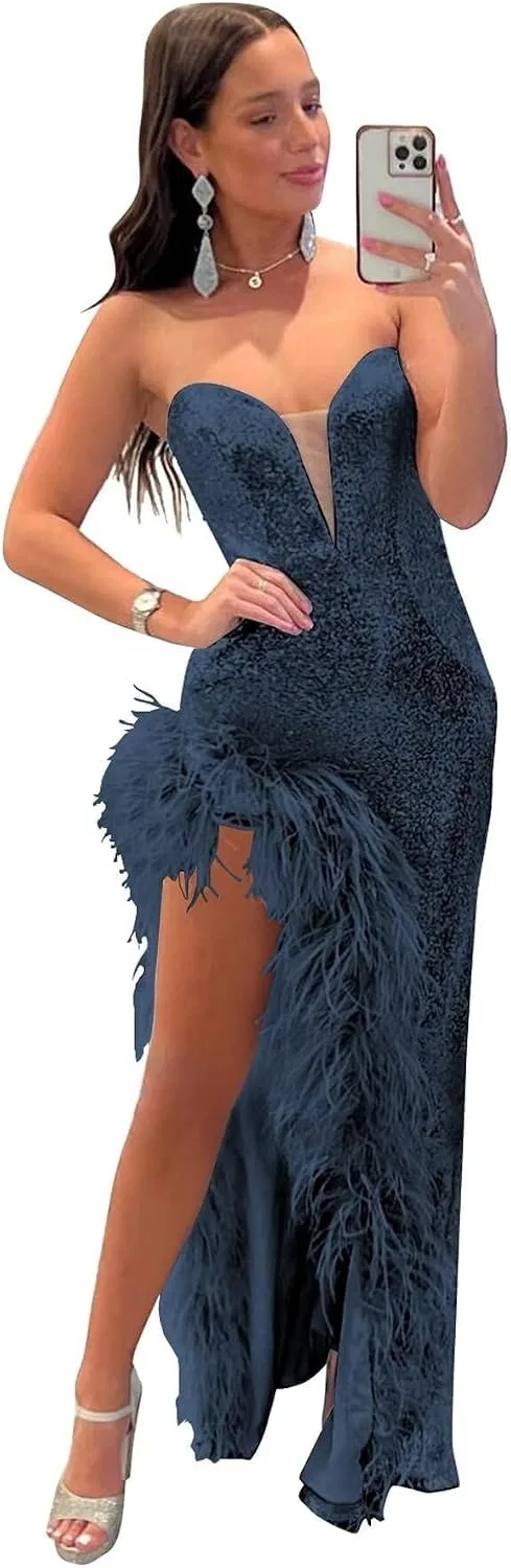 Женское вечернее платье с пайетками и перьями, Navy Blue