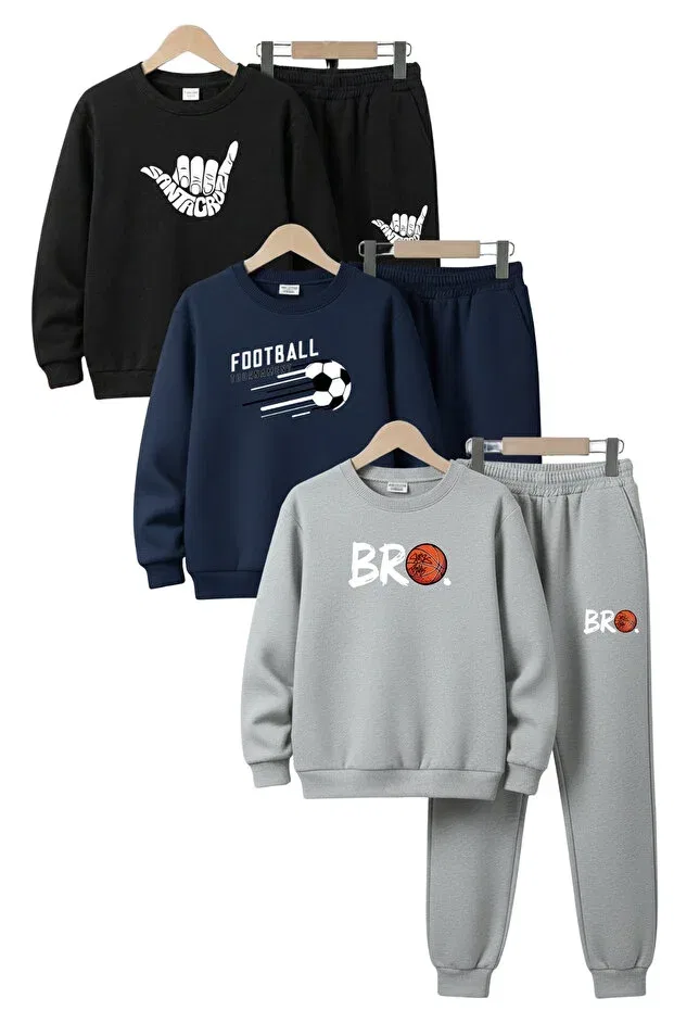 Детский комплект спортивного костюма для мальчиков с принтом 3 thread thick sh fleece-lined crew neck print detailed 6 piece boys tracksuit set Ya Ko Kids, Black-Blue-Grey