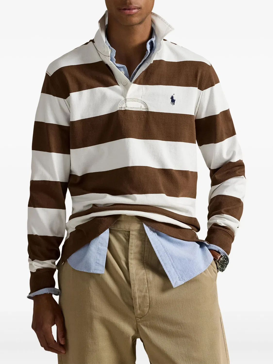 Поло с длинным рукавом в коричневую полоску Polo Ralph Lauren, коричневый — фото 3