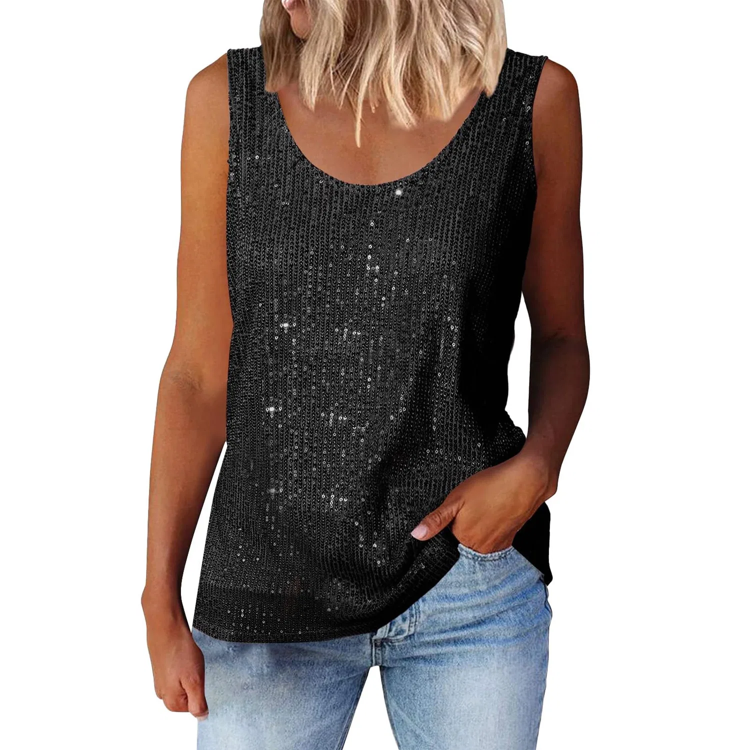 Женская туника без рукавов с блестками Sparkly Elegant Loose Sleeveless Tunic Top, Black