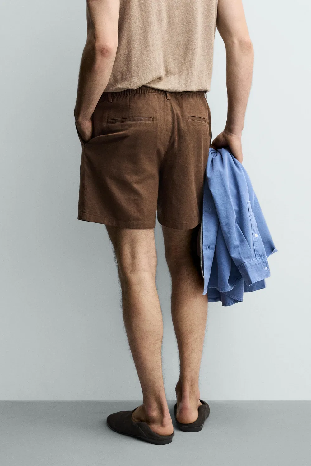 Хлопковые/льняные шорты-бермуды свободного кроя ZARA, Brown — фото 3