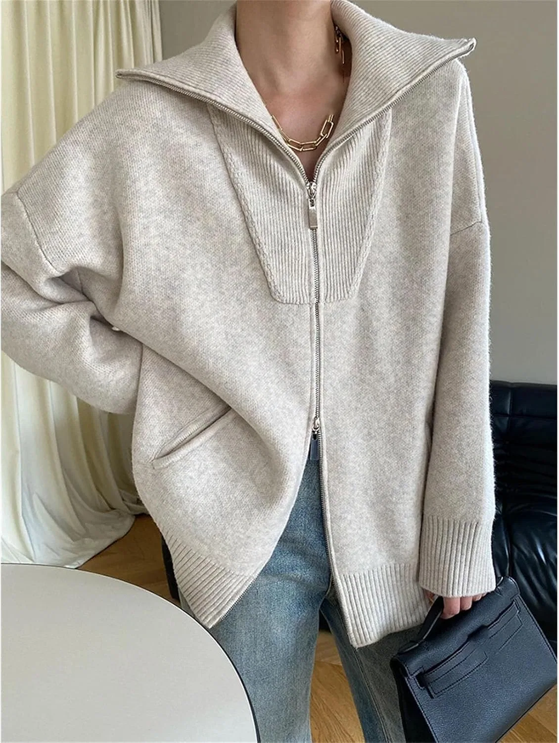 Женский кардиган на молнии с воротником-стойкой, Wool Knitted Double Zipper Sweater — фото 3