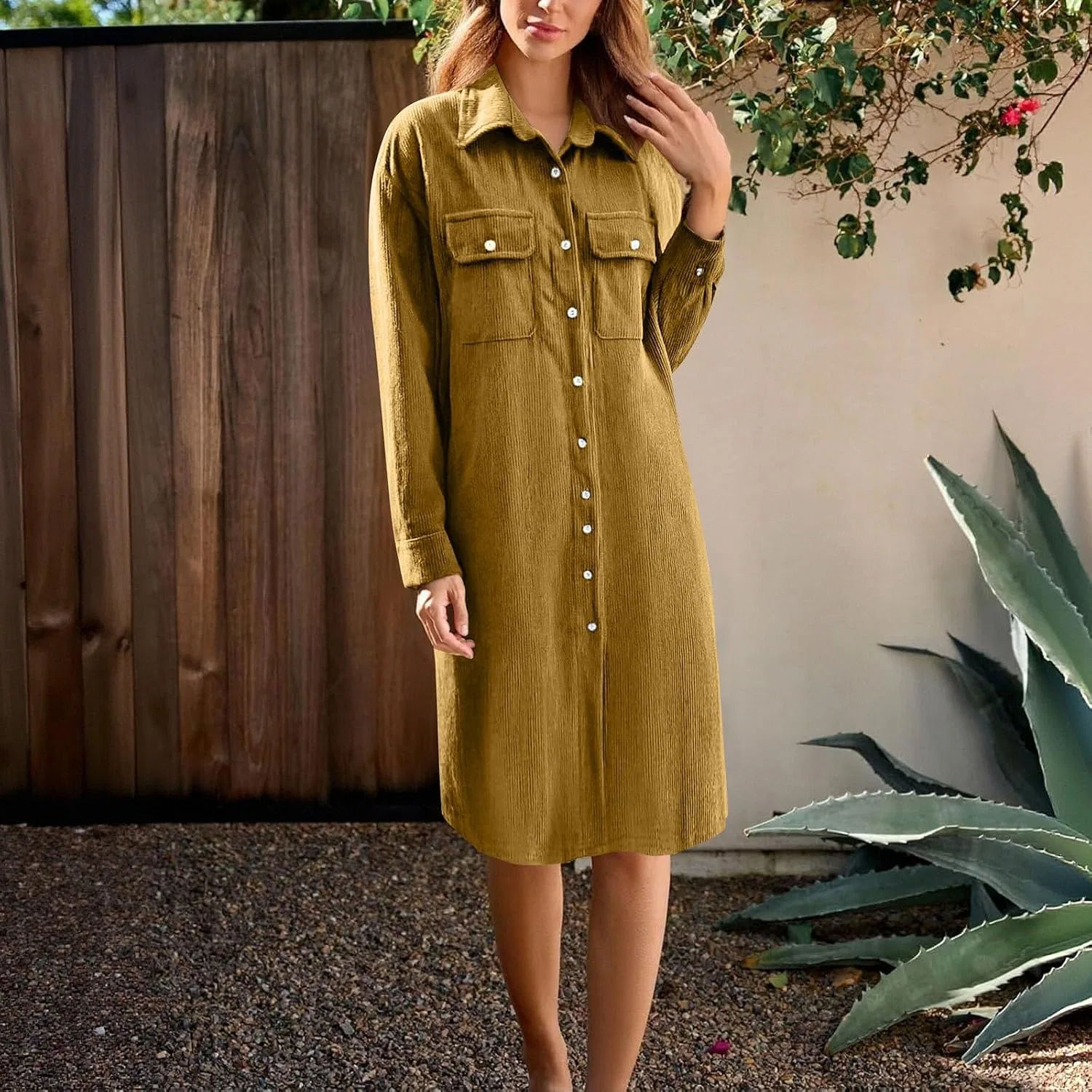 Женское платье-рубашка из вельвета с воротником Corduroy Long Sleeve Maxi Dress, Orange — фото 2