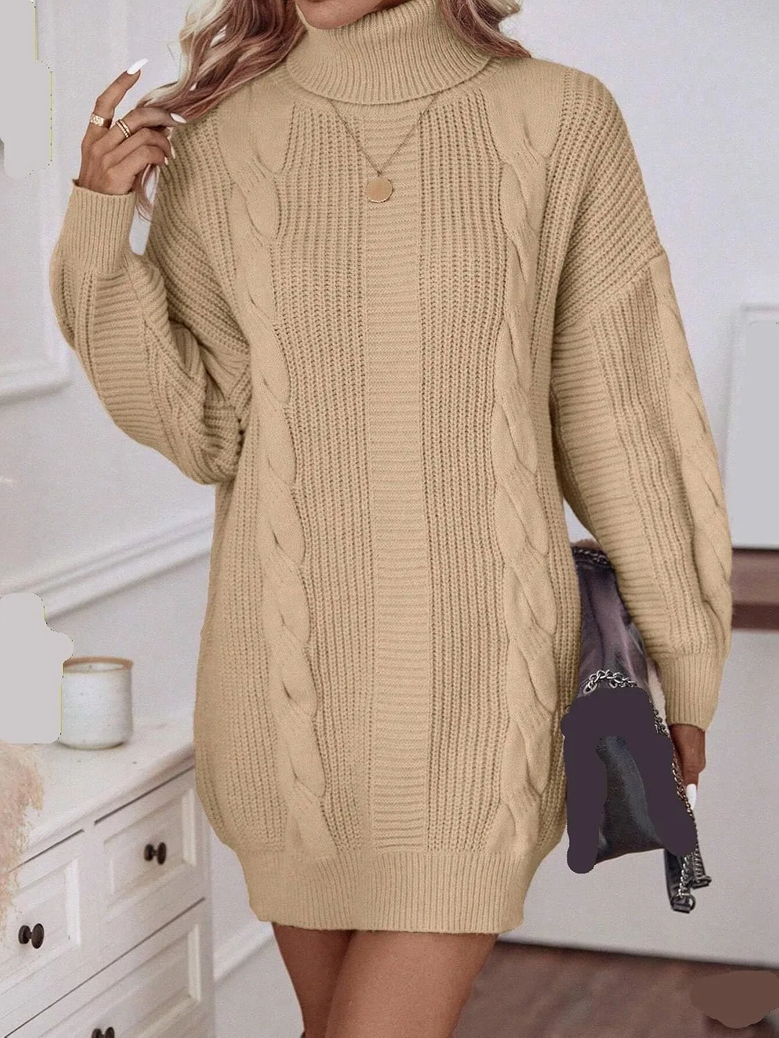 Женское повседневное платье-свитер с косами Drop Shoulder, Apricot — фото 2