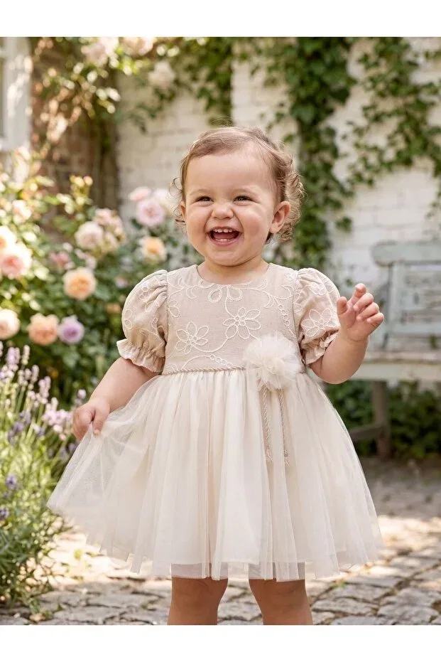 Детское платье для девочек с воланами Cherrys Bebek, Beige