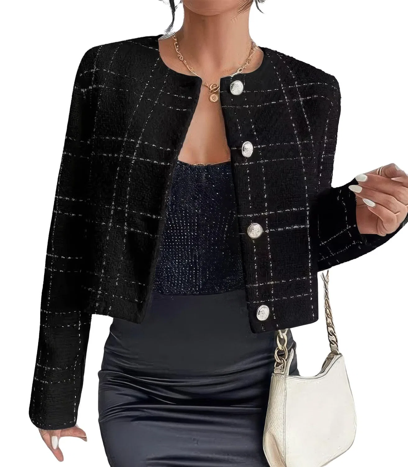 Женский твидовый пиджак без воротника с принтом Glitter Jacket, Nero