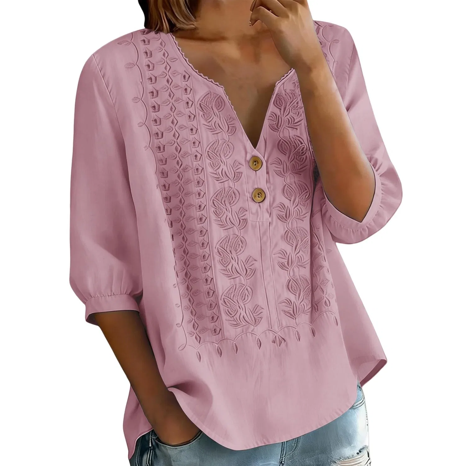 Женская блуза с вышивкой и рукавом 3/4, свободного кроя, из льна с хлопком, Pink