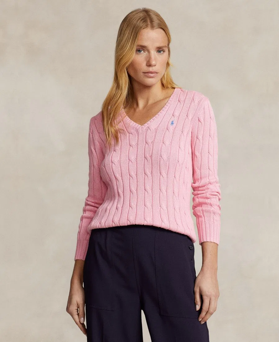 Свитер с V-образным вырезом, с косами, Slim Fit Polo Ralph Lauren, Carmel Pink