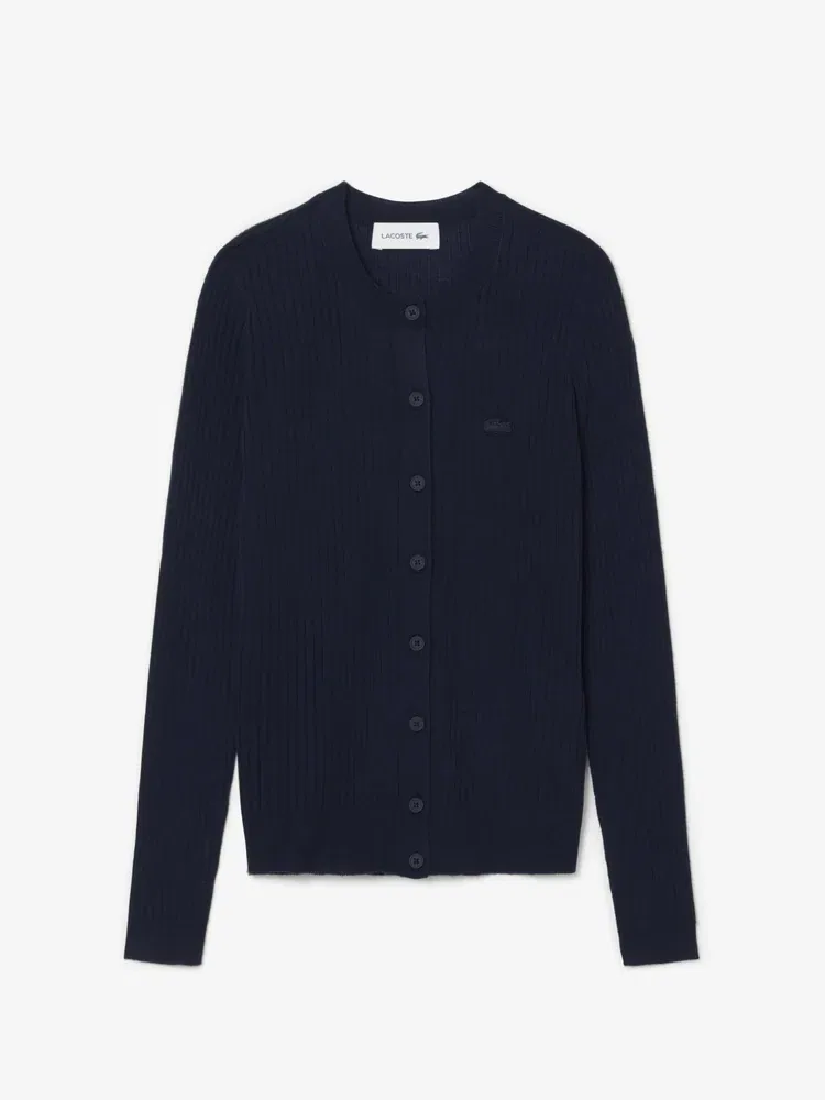 Кардиган LACOSTE Navy из мериносовой шерсти, V-образный вырез, темно-синий — фото 4