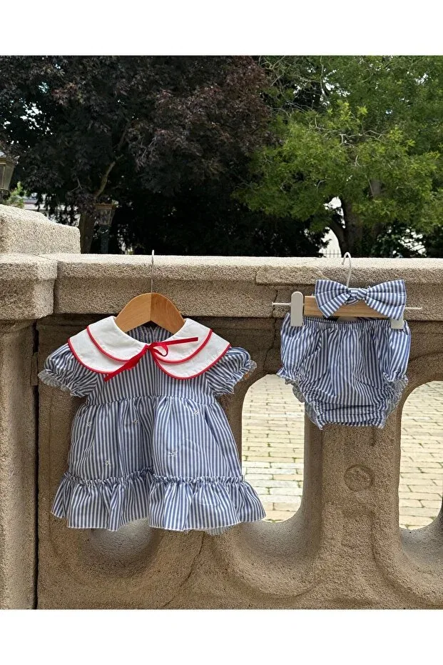 Детское платье для девочек с воланами Marine Red Piping Baby Collar Dress Set Moonstarkids, Blue And White Striped — фото 3