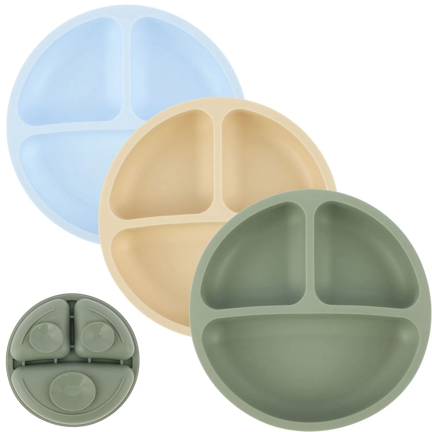 Тарелки детские силиконовые 3 шт, 19,5 см, Xiyztok, Olive Green, Beige, Sky Blue