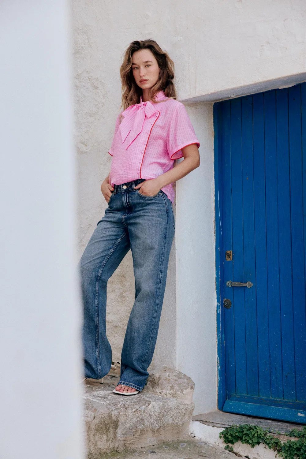 Полосатый топ с завязками на шее ZARA, Pink
