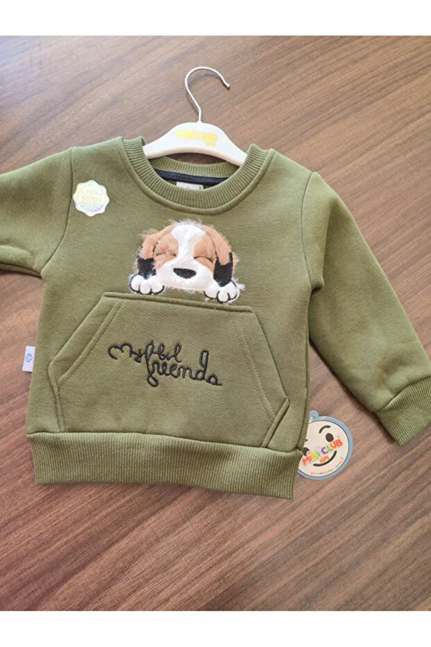 Детский комплект спортивного костюма для мальчиков с принтом Dog Embroidered Kangaroo Pocket Jasminya, Khaki — фото 4