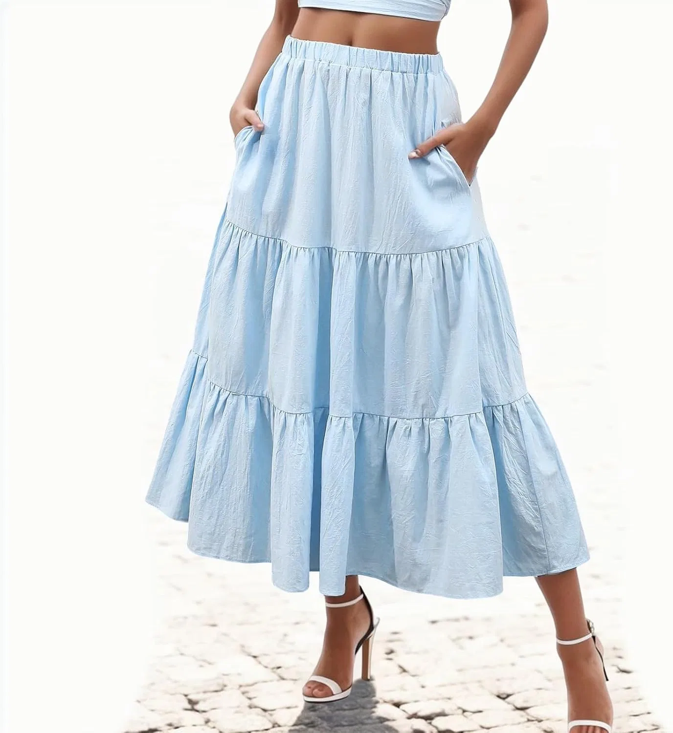 Женское платье-трапеция с высоким поясом, с карманами, Beach Vacation Outfits, синий — фото 2
