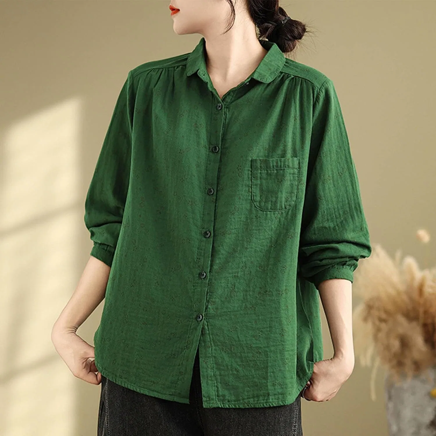 Женская блуза с воротником и нагрудным карманом, Long Sleeve Tunic Top, Green — фото 2