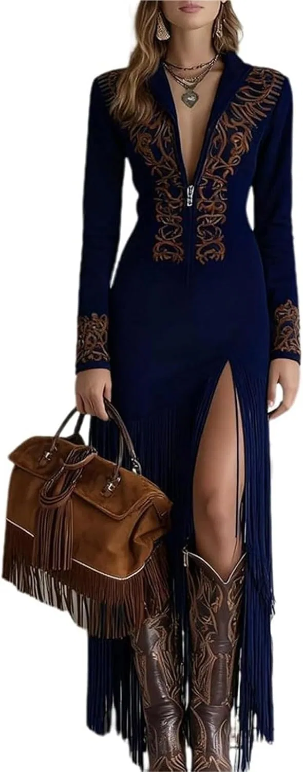 Женское коктейльное платье с вышивкой из замши, Navy Blue