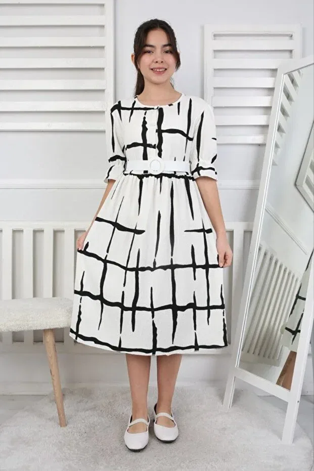 Детское платье для девочек с коротким рукавом Buttoned Belt Bürümcük Fabric Holiday Girl's Dress Abiyekids, White Stripes