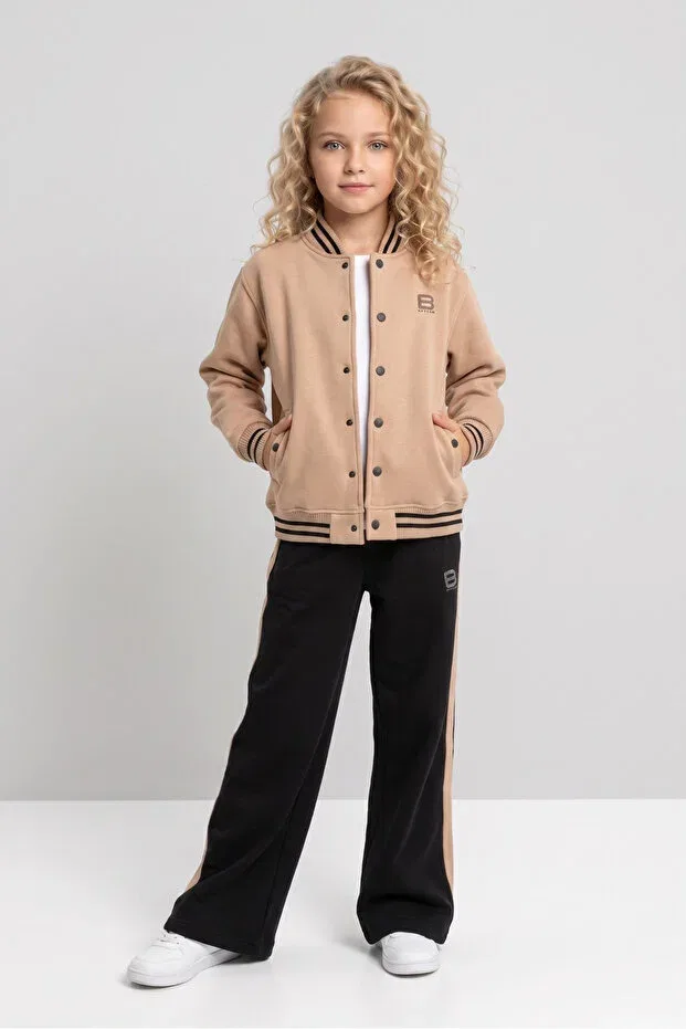 Детский спортивный костюм для девочек с принтом College Collar Wide Leg Tracksuit Set Black One, Beige — фото 4