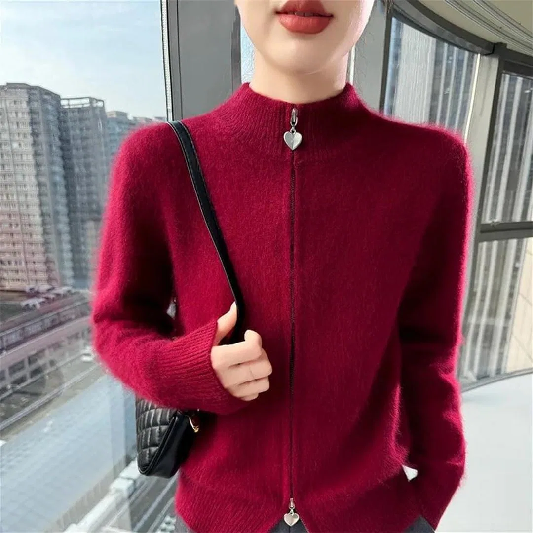 Женский кардиган на молнии из футера, Winter Fuzzy Knit, светло-коричневый — фото 3