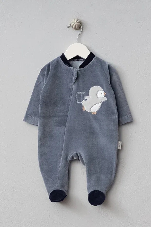 Детский велюровое комбинезон для новорожденных Cute penguin patterned cotton baby velvet jumpsuit Bebitof, Smoke Grey