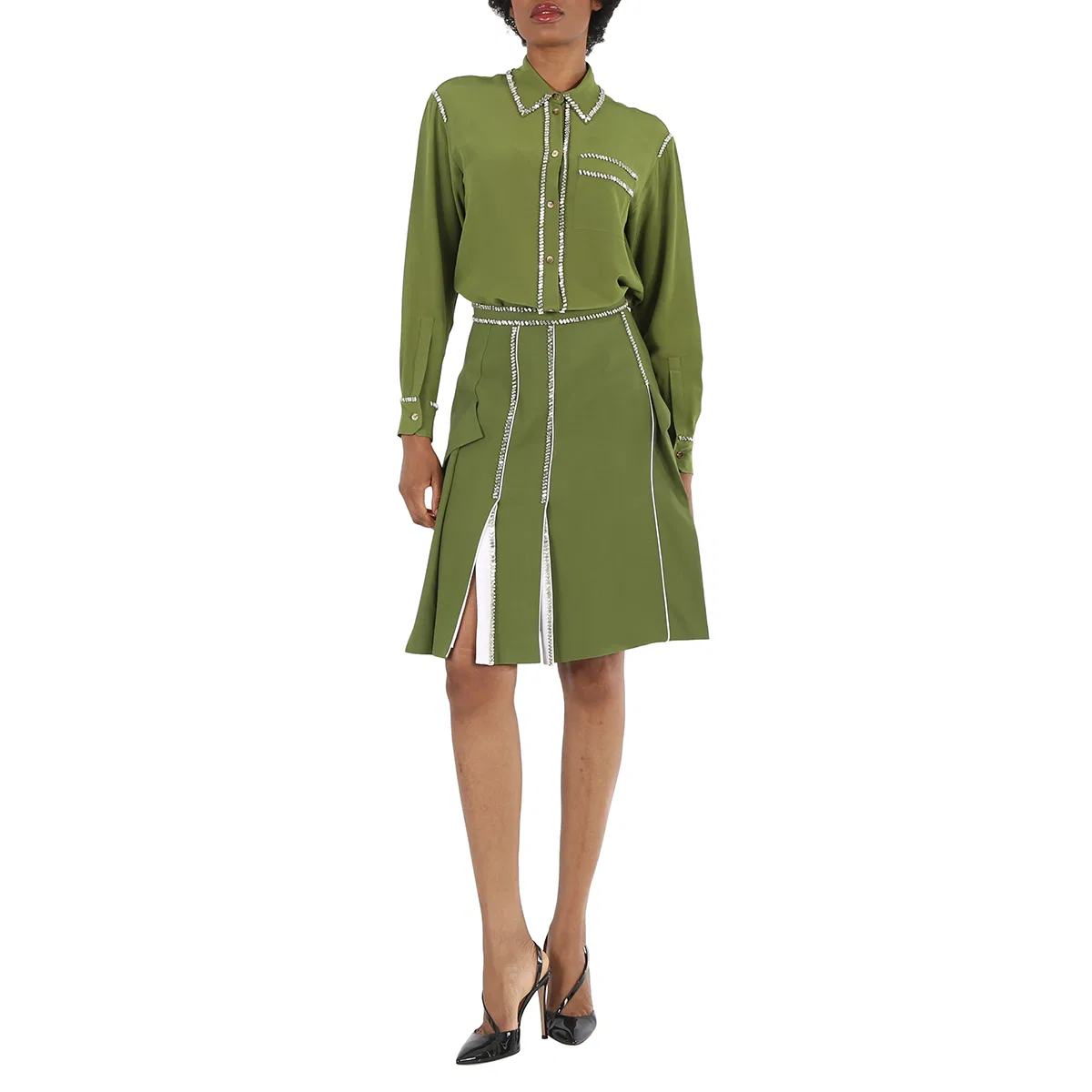Юбка-трапеция из шерстяного крепа с кристаллами Burberry, Cedar Green — фото 4