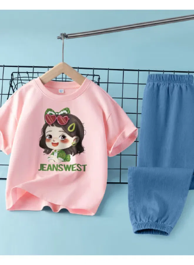 Jeanswest Комплект для девочки с коротким рукавом и брюками под джинсу, розовый